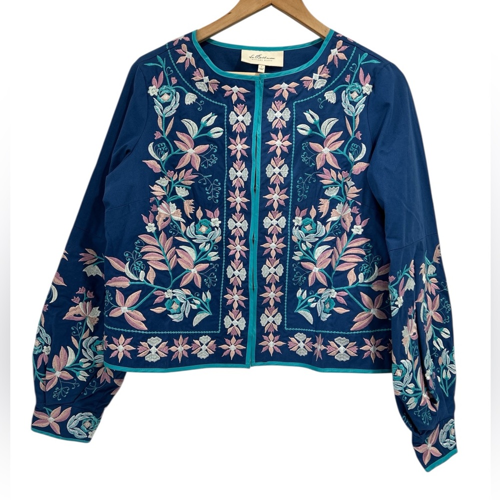 NWOT La Bellum Hillary Scott Floral Embroidered Cotton Spring Blue Jacket - S